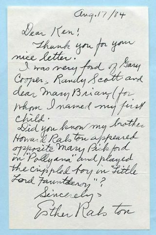 Esther Ralston On Gary Cooper & Randolph Scott Etc Signed Handwritten Letter