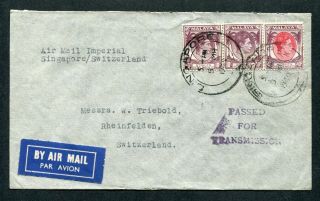1940 Malaya S.  S.  2 X 10c,  40c Stamps On Censor Cover Singapore To Switzerland
