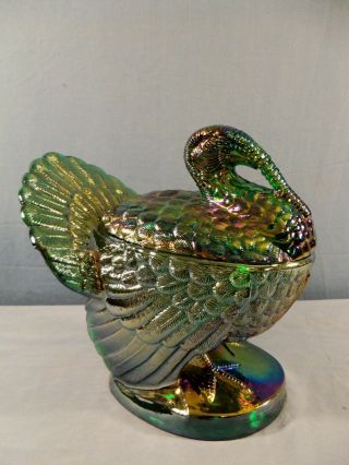 Very Large Mosser Green Carnival Glass Turkey Covered Candy Cranberry Nut Dish