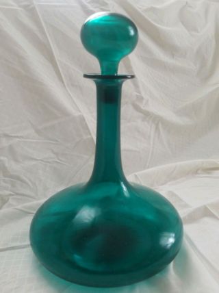 Vintage Mid Century Blown Glass Teal Blue Blenko? Decanter Genie Bottle Retro