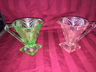 Pyramid 610 Depression Glass Pink And Green Creamers Indiana Glass 1926 - 1932