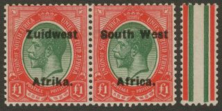 South West Africa 1926 Kgv Zuidwest 9½mm Gap Opt £1 Pair Sg40 Cat £300