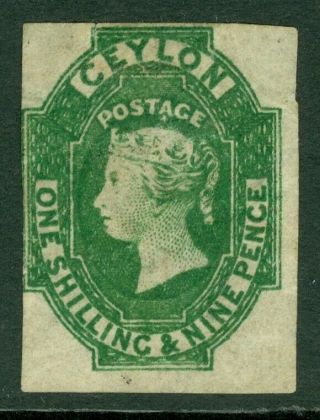 Sg 11 Ceylon 1857 - 59.  1/ 9d Green.  Imperf,  Watermark Star.  Mounted.