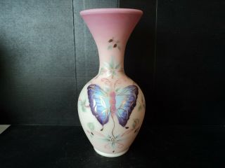 Fenton Pink Burmese Lotus Mist Vase Hand Painted Butterfly & Floral Fluted Rim