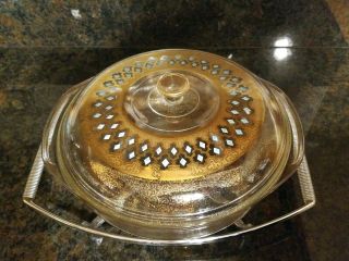 Very Rare Pyrex Culver Seville 3qt Gold & Turquoise Casserole Dish W/ Stand