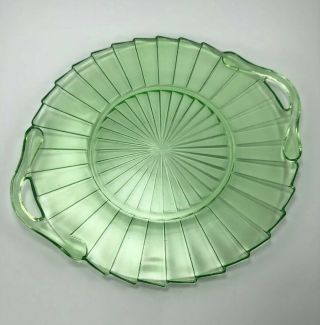 Jeannette Sierra Pinwheel Green Uranium Glass 2 Handle Cake Plate 1931 - 33