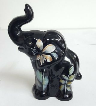 Fenton Art Glass Hand Painted Tropical Flowers Black Elephant