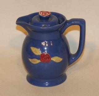 Coors Rosebud Usa Art Pottery Blue 14 Ounce Small Covered Syrup Or Cream Pitcher