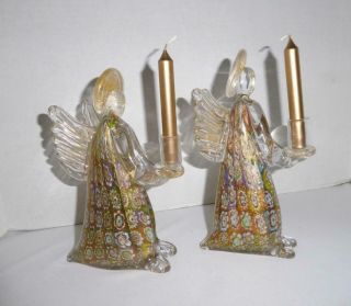 2 Vintage Italian Murano Millefiori Art Glass Gold Christmas Angels 7 3/4 " 8 "