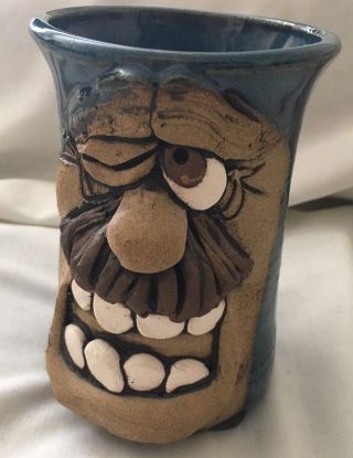 Robert Karlinsey Stoneware Ugly Mug Face 3d Man With Mustache Coffee Cup Blue