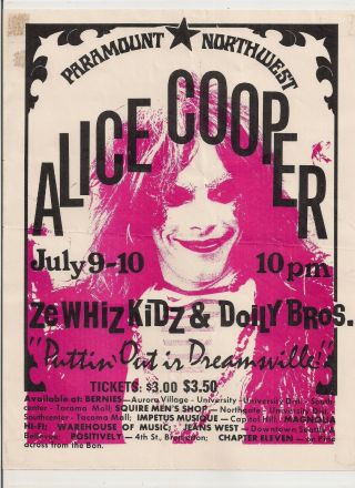 Alice Cooper,  Ze Whiz Kids Orig 1971 Concert Flyer Poster Paramount Nw Seattle