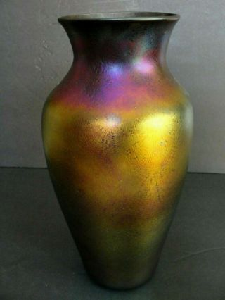 Large Zellique Studio Purple Gold Iridescent Art Glass Vase 1999.  Signed.  11 1/2 "