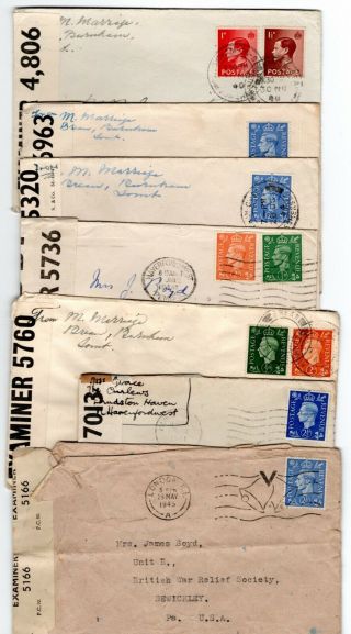 1940 - 45 Gb To Usa Censored Covers X 7 / British War Relief Society / Sewickley.