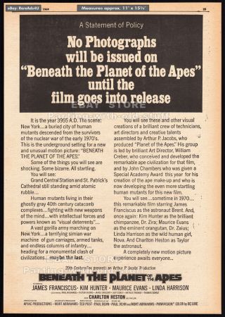 Beneath The Planet Of The Apes_original 1969 Trade Ad Promo Announcement_poster