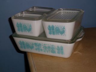 Vtg Pyrex Complete Set Amish Butterprint Blue Refrigerator Dishes 501,  502,  503