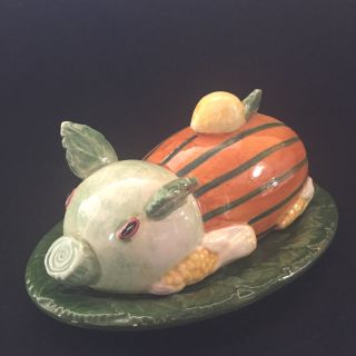 Majolica Sur La Table Pig Vegetable Covered Butter Dish Italy Collectible
