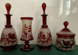 Antique Vintage Hand Blown Bohemian Cranberry Glass Vanity Set Bird Theme