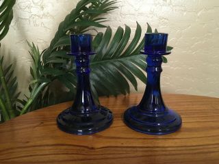 Set Of 2 Vintage Cobalt Blue Glass Candle Stick Holders