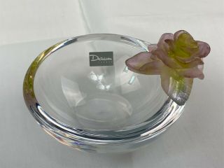 Daum France Pate De Verre Rose Resting On Rim Of Small Crystal Bowl