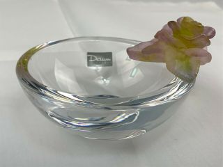 Daum France Pate de Verre Rose Resting on Rim of Small Crystal Bowl 3