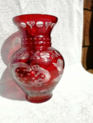 Vintage Bohemian/czech,  Cranberry Glass,  Cut To Clear,  Etched,  Flowers,  Vase