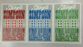 Sturgill Simpson 2015 Hatch Show Print Concert 3 Poster Set - Ryman Nashville Tn