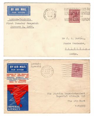 1933/35 Gb To India Imperial Airways First Flight Covers X 2.