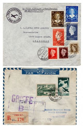1947/48 France/netherlands To China First Flight Covers X 2.