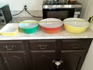 Set Of Vintage Pyrex Mixing Nesting Bowls 3 Bowls Green Orange Yellow 1 Square