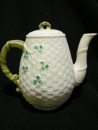 Belleek 7 " Tall Basketweave Shamrock Tea Pot Twig Handle 5th Green Mark