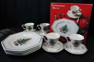 12pc Nikko Christmastime Christmas Tree 4ea Dinner Plates Cups Saucers Octagon