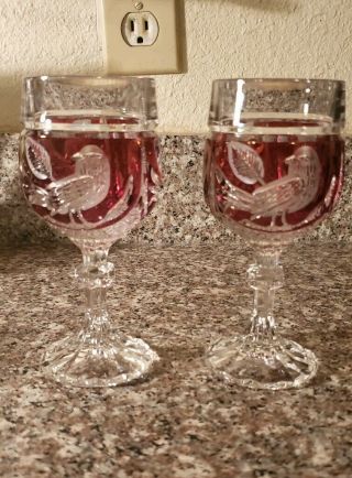 Set Of 2 Vintage Hofbauer Ruby Red Byrdes Wine Glasses German Lead Crystal 5.  5 "