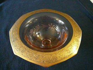 Antique 1930s Pink Depression Glass Curved Edge Gold Trim Etched Footed Bowl