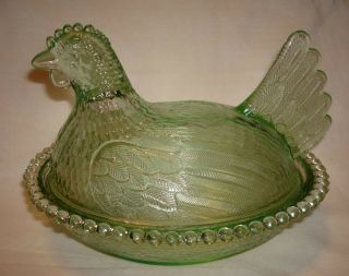Vintage Indiana Light Lime Pastel Green Glass Hen On Nest Covered Animal Dish