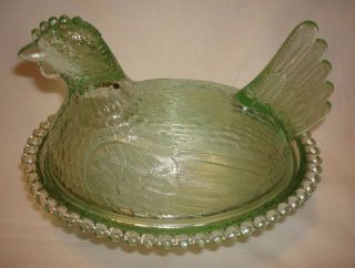 Vintage Indiana Light Lime Pastel Green Glass Hen on Nest Covered Animal Dish 2