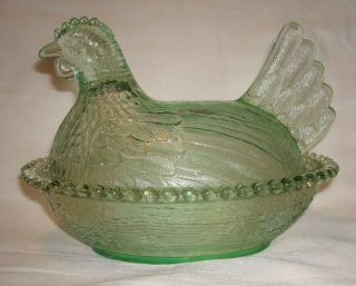Vintage Indiana Light Lime Pastel Green Glass Hen on Nest Covered Animal Dish 3