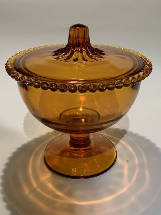 Vintage Indiana Glass Amber Candlewick Footed Covered Compote Candy Dish W/lid