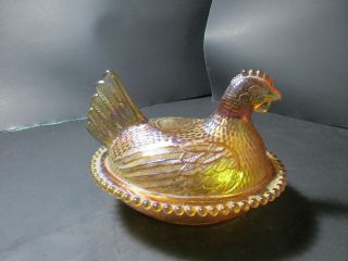 Vintage Gold Carnival Indiana Glass Hen Nest Chicken Covered Dish Beaded 2