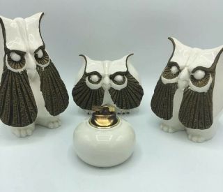 Vohann Of California Pottery Set Three Owls And Lighter Mcm Mid Century Signed