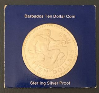 Barbados 10 Dollar Coin 1974 - Proof 42mm Sterling Silver Franklin Poseidon