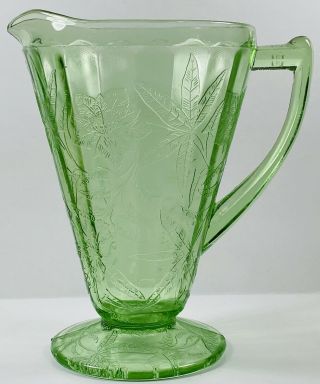 Vintage Green Uranium Depression Glass Floral,  Poinsettia Footed Pitcher.