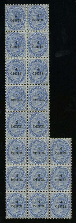 Straits Settlements 1898 4c On 5c Blue Block Of 19 Mnh With Full Gum