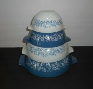 Vintage Pyrex Set Of 4 Colonial Mist Nesting Mixing Bowls Cinderella 441 - 444