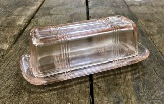 Pink Glass Vintage Art Deco Crossed - Striped Covered Butter Dish
