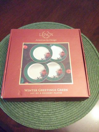Lenox Winter Greetings Set Of 4 Dessert Plates Green Band & Cardinal Boxed