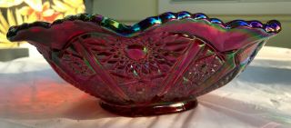 Vintage Irredescent Cranberry Carnival Cut Glass Bowl 10 " Diameter 3 " Deep