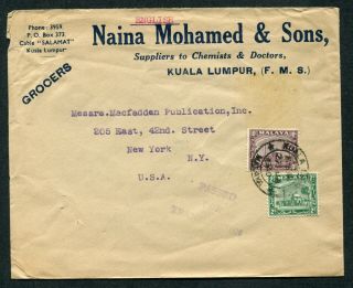 1940 Malaya Selangor 2c,  10c Stamp (passed For Transmission) Cover K.  L.  To Usa
