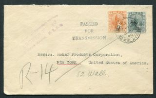 1940 Malaya Perak 4c,  8c Stamps (passed For Transmission) Cover Ipoh To Usa