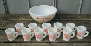 Vintage Tom & Jerry Milk Glass Punch Bowl Drink Set By Mckee Glass 12 Piece Set
