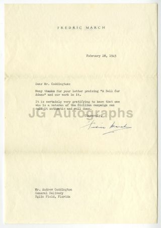 Fredric March - Academy Award Winning Actor - Signed Letter (tls),  1945